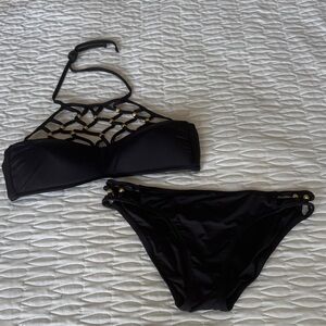 Trina Turk Black Lattice Halter Bikini Set with Gold Accents